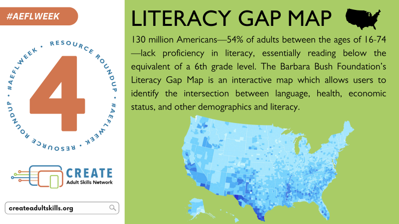 Summary of the Literacy Gap Map from the Barbara Bush Foundation and a screenshot of the interactive map