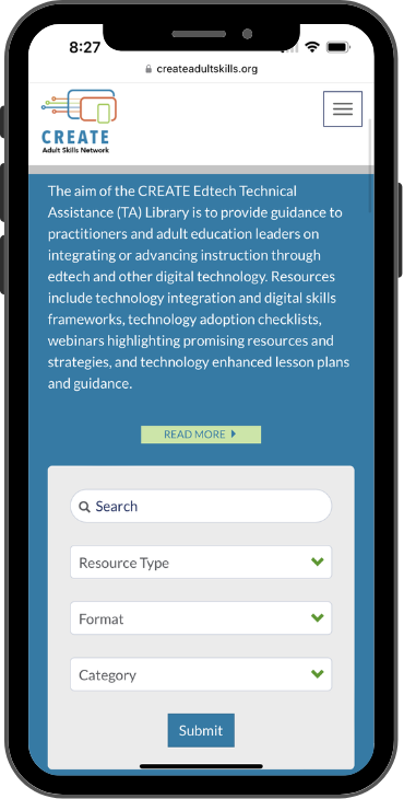 A screenshot of the TA library viewed on a phone which includes a brief description of the tool and the search area